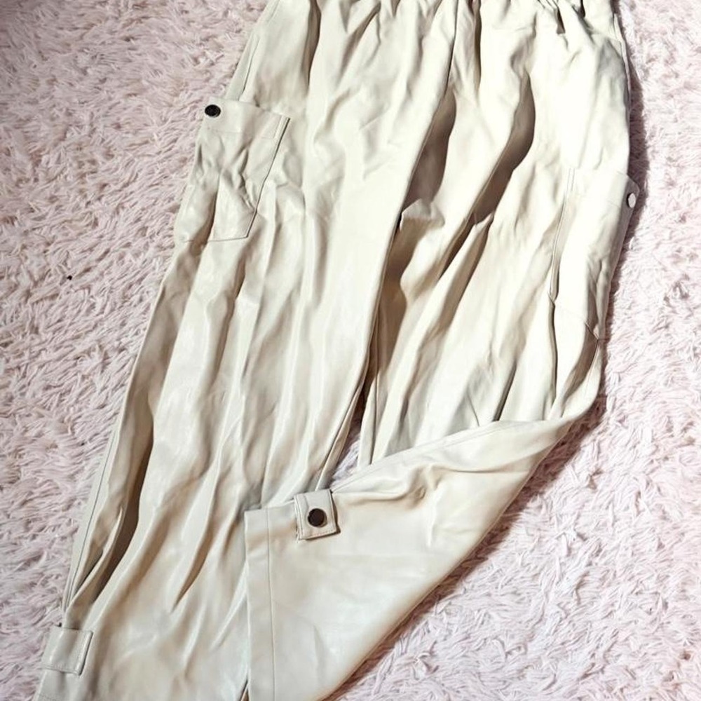 Faux Leather Cargo Streetwear Edgy Neutral Paperbag Pants Womens L Chic Urban